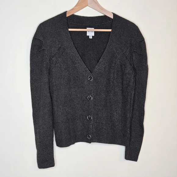 NIC+ZOE Ribbed Button Cardigan Pleated Shoulder Neutral Minimal - Picture 2 of 8